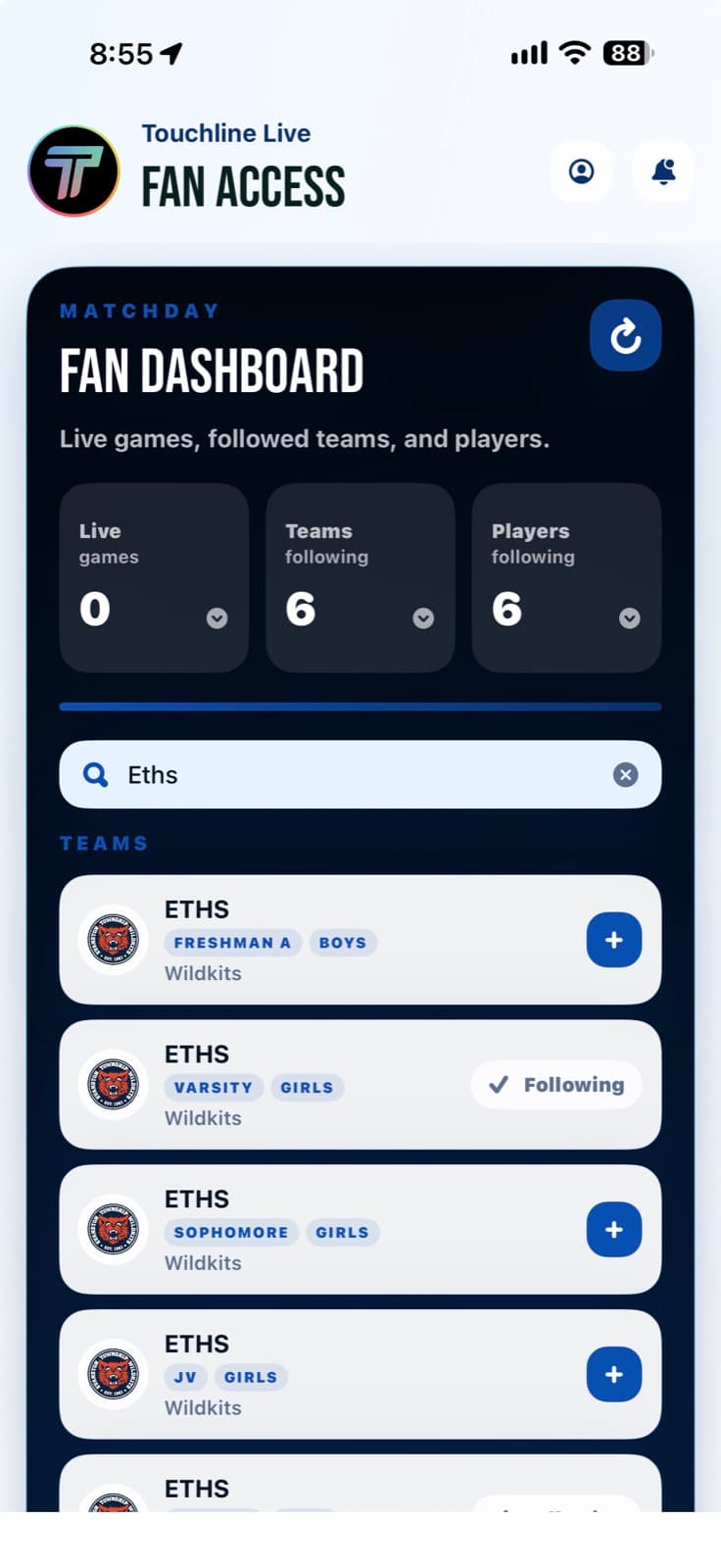 Touchline Fan dashboard search showing ETHS teams available to follow
