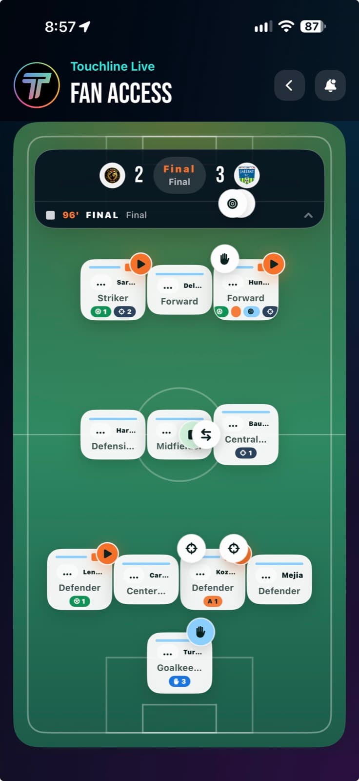 Touchline Fan live field view showing a completed soccer match