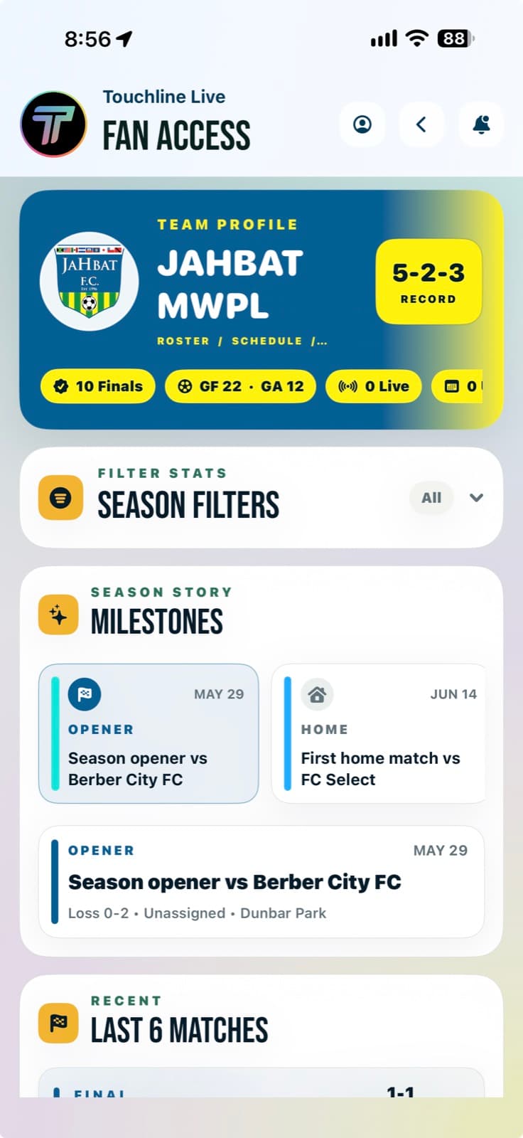 Touchline Fan team profile with record, schedule, milestones, and recent matches