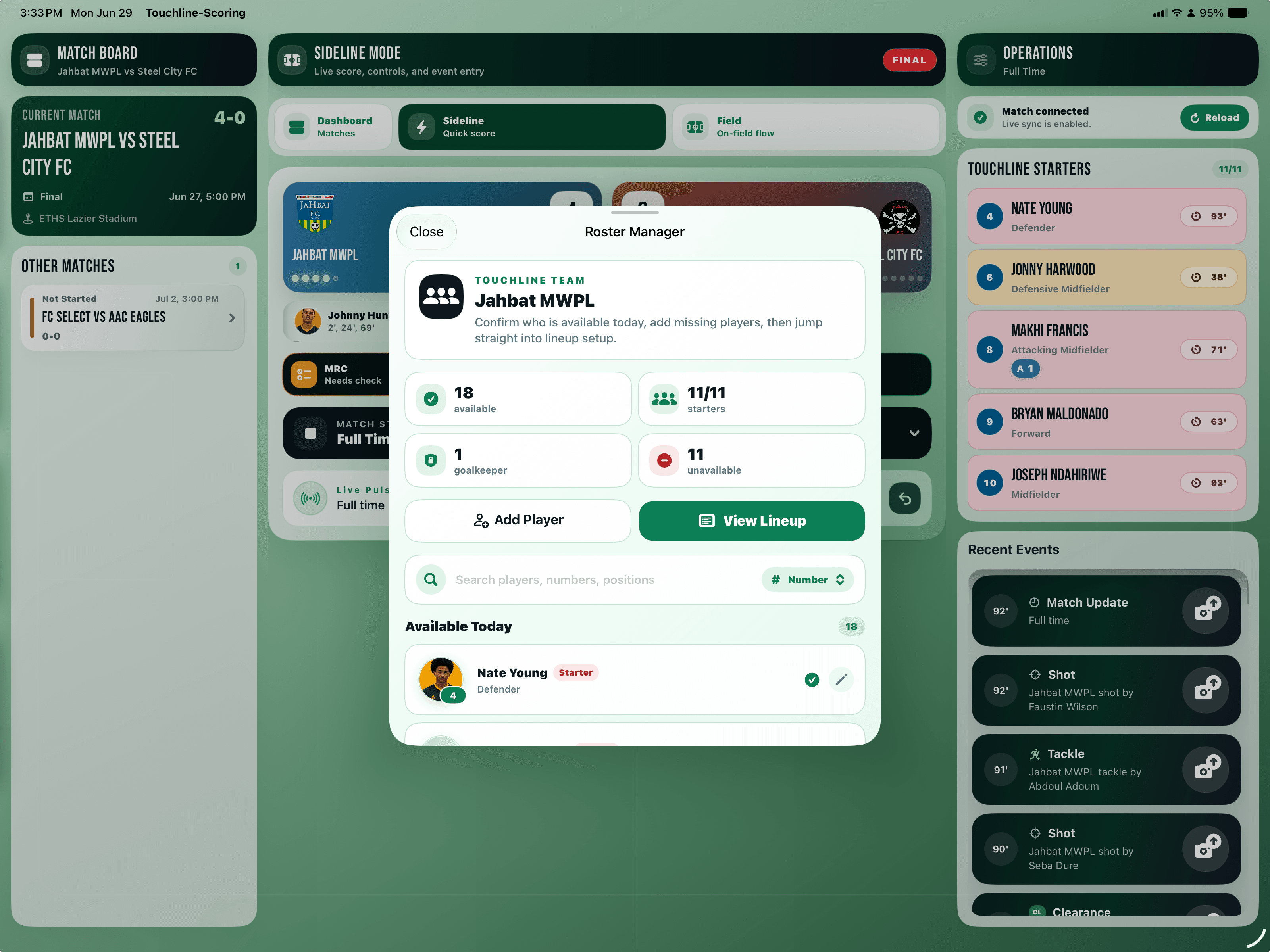 Native Scorer App roster manager showing availability, starters, goalkeeper count, unavailable players, add player, and view lineup controls