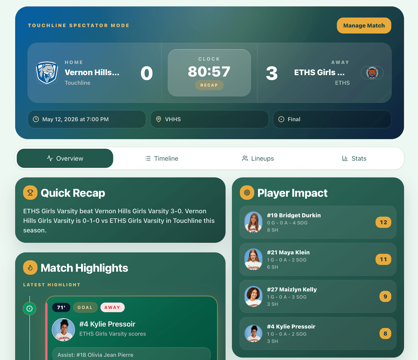 Touchline Live spectator match center with scoreboard, quick recap, highlights, and player impact